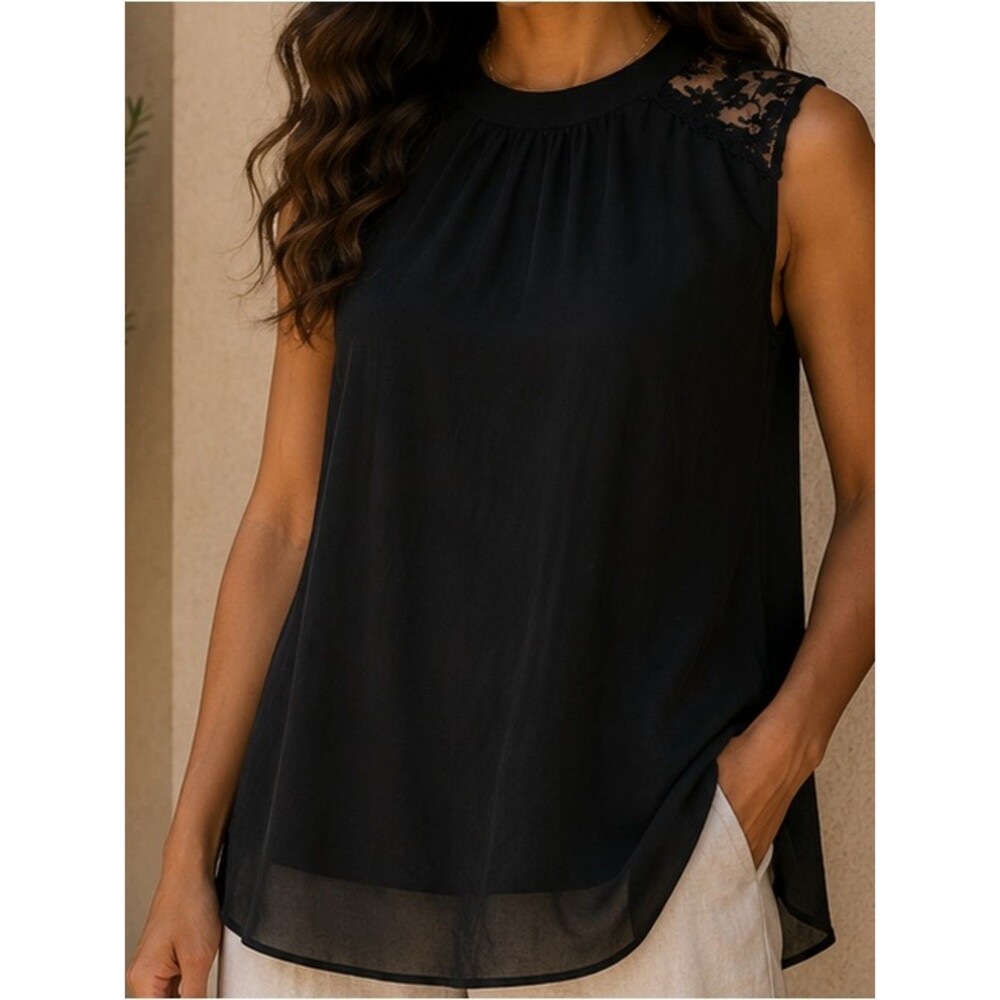Japna Black Sleeveless Blouse with Lace‎ Accents – Size M